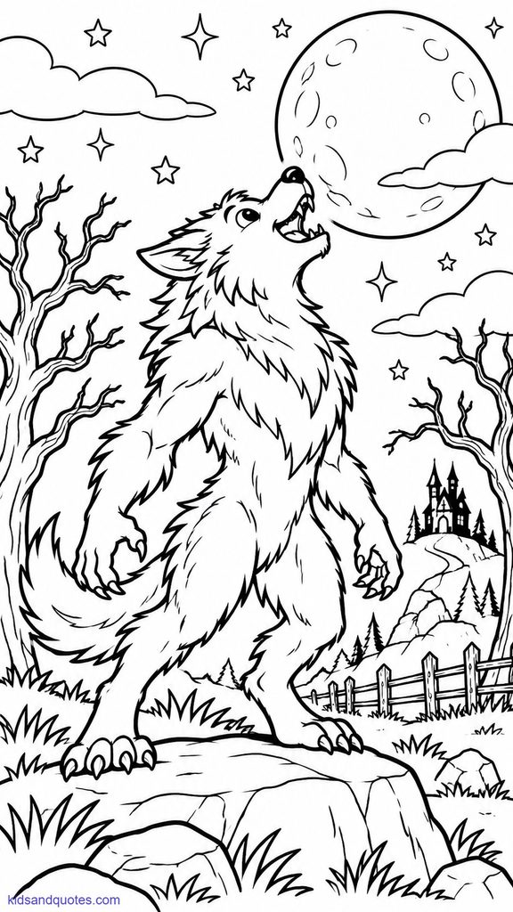 Halloween coloring page: Werewolf howling.