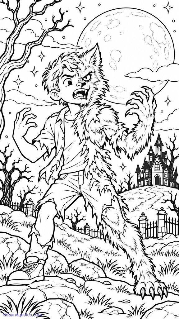 Halloween: A Werewolf transformation, full moon background.