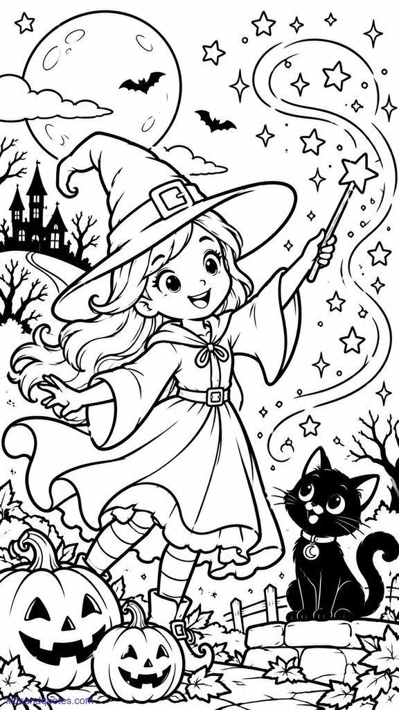 Halloween coloring page of witch casting a spell.