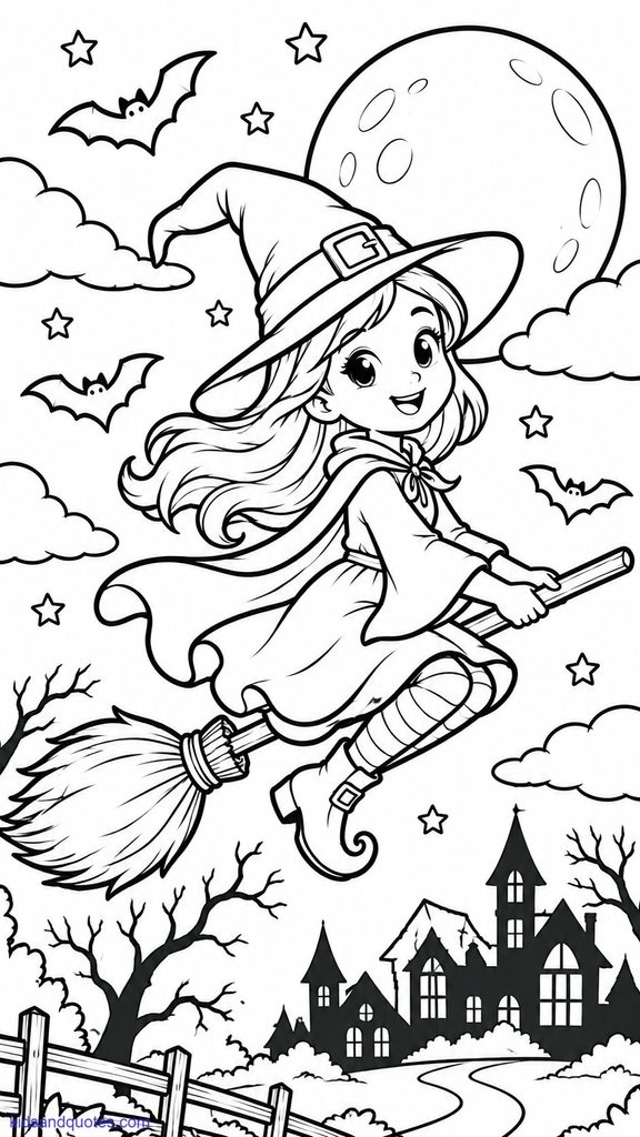 Halloween: Witch flying on broomstick.