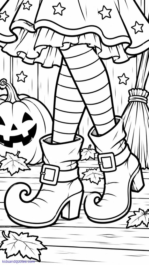 Coloring page of Witch's boots, close-up.