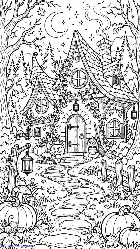 Coloring page of Witch's cottage.