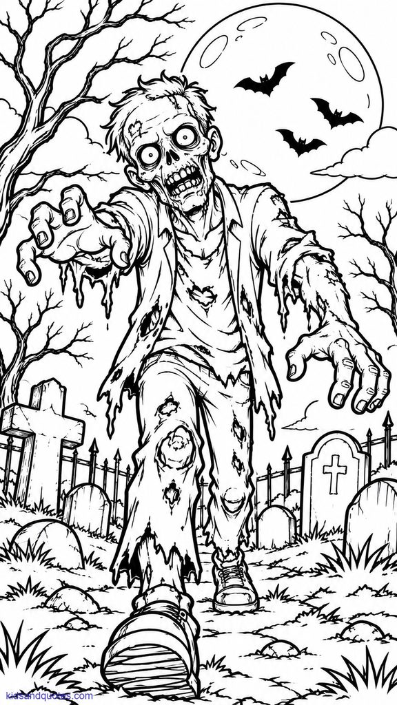 Coloring page of a zombie shambling forward.